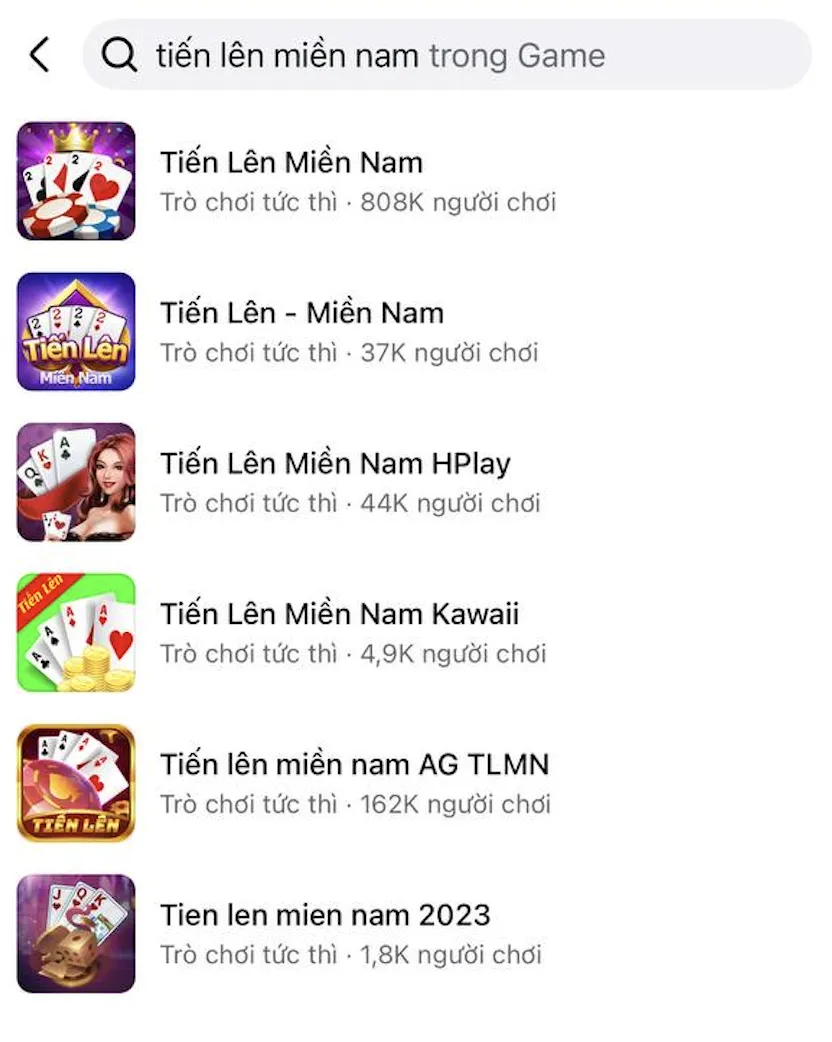 Tìm game tiến lên miền nam trên facebook